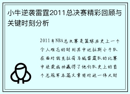 小牛逆袭雷霆2011总决赛精彩回顾与关键时刻分析